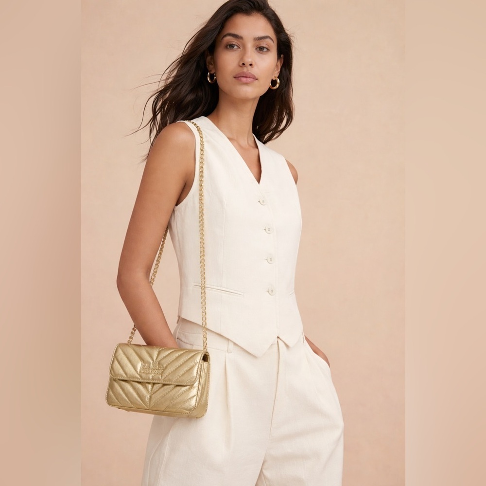 NWT Nicole Miller Gold Vegan Leather Quilted Small Handbag Crossbody Gold Chain